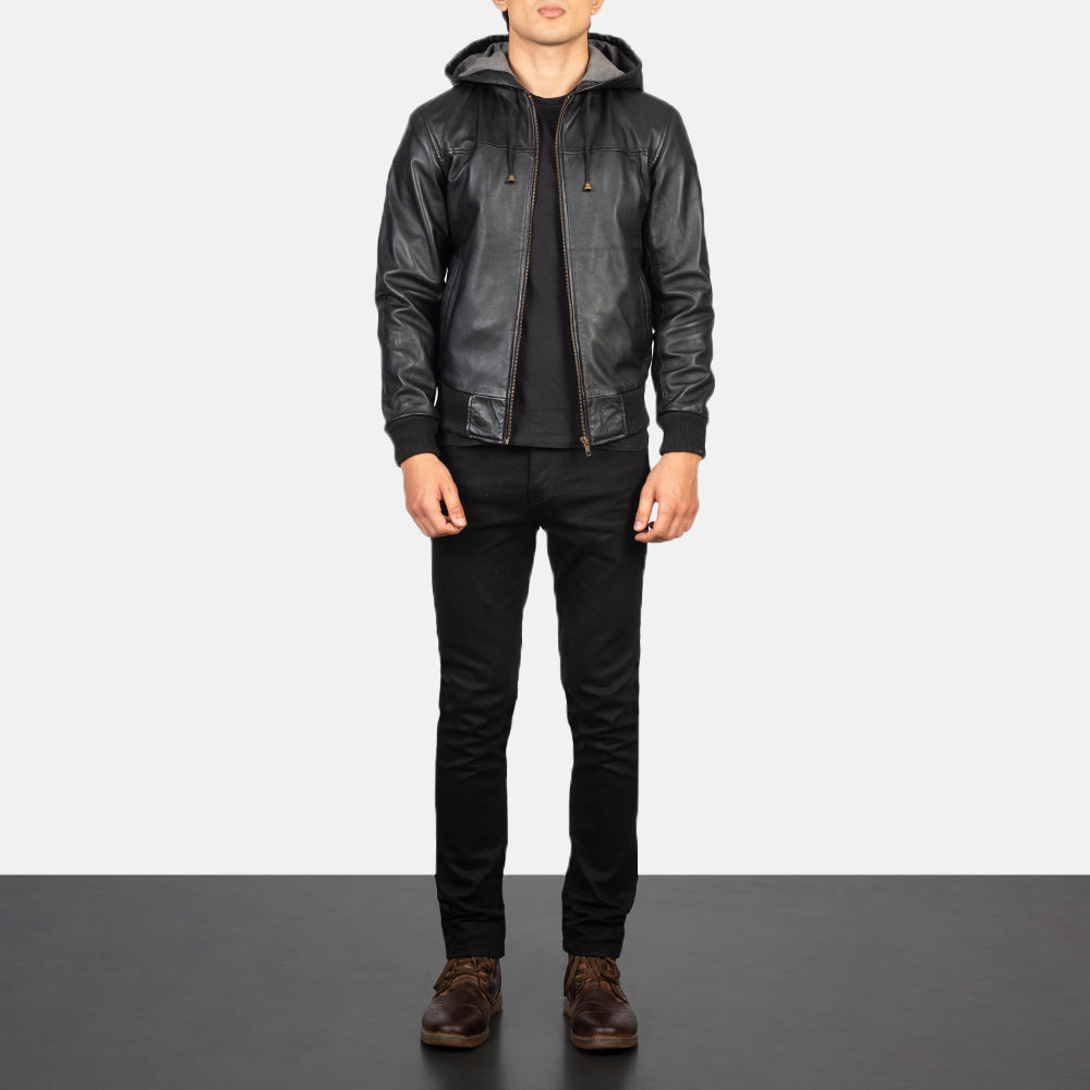Men's Nintenzo Black Hooded Leather Bomber Jacket – The Jacket Maker